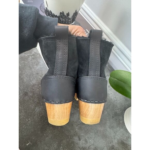 No. 6 Pull-on Shearling Wood Clog Boots on Mid Heel Black Suede Women's 38 - Picture 3 of 8